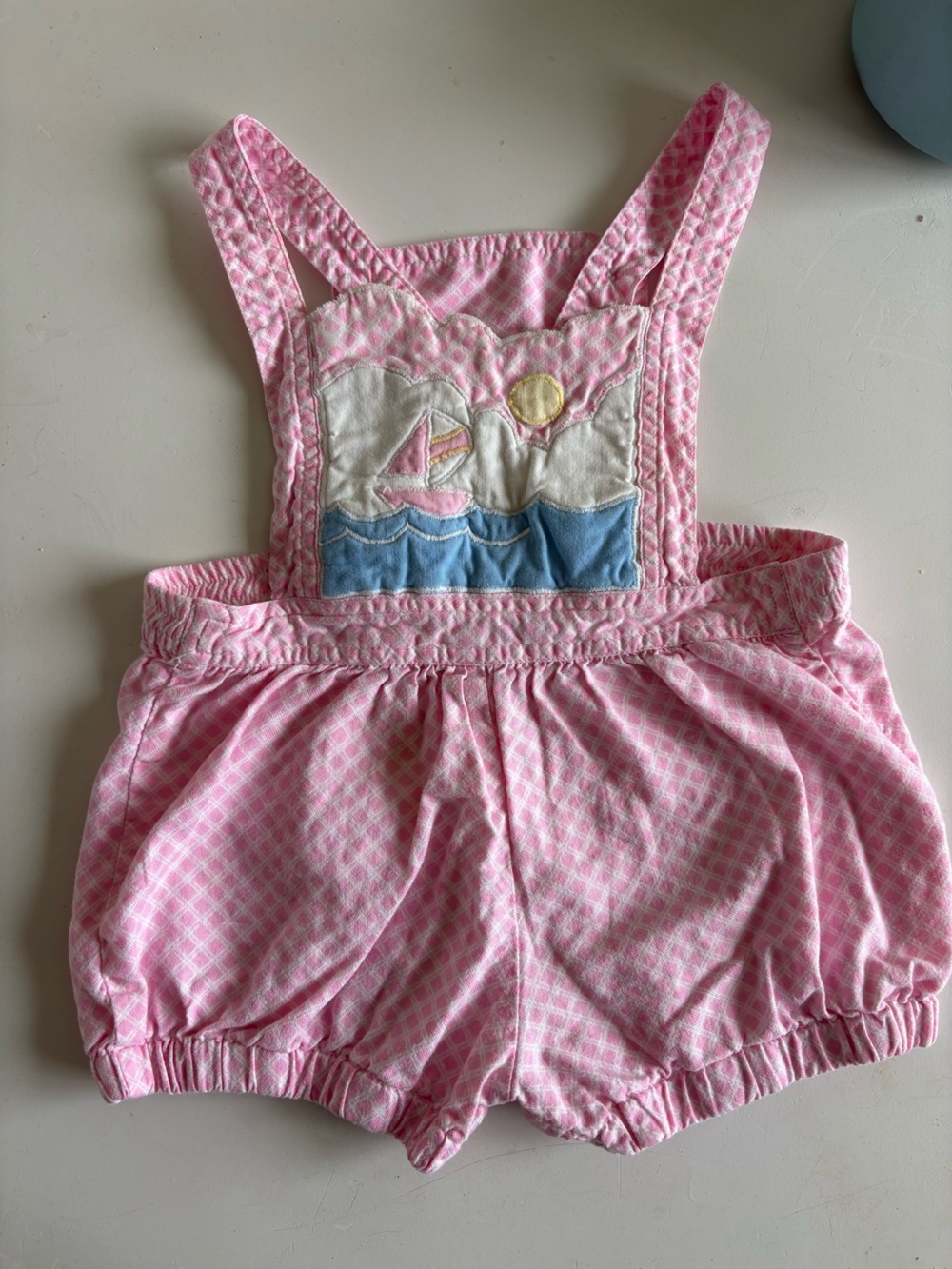 Vintage Pink Baby Romper with Blue & White Embroidered Sailboat